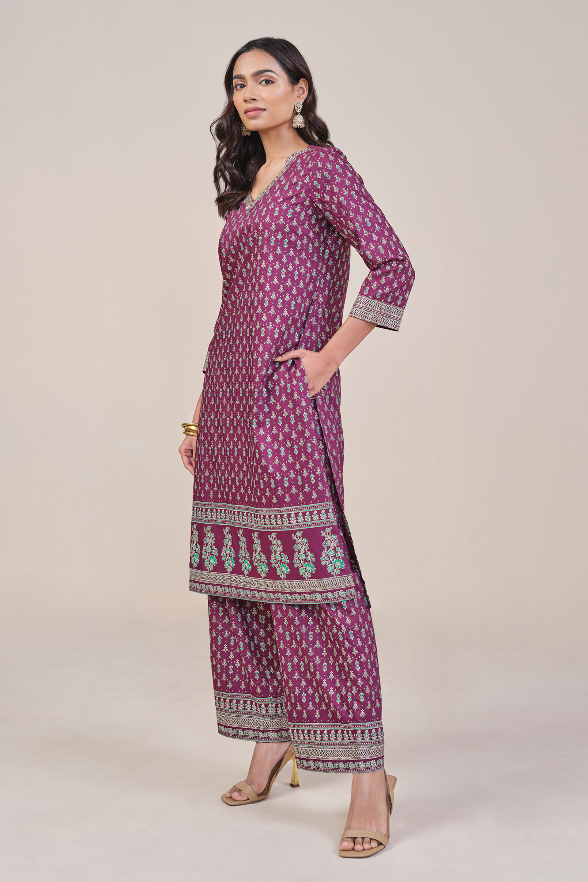 Wine Foil Print Kurta Set, Wine, image 2